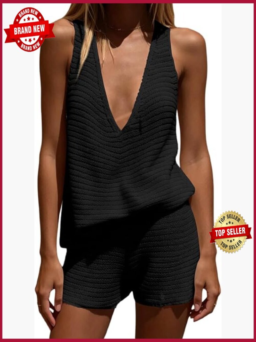 Women's 2 Piece Knit Tank Top & Mini Shorts Set Summer Beach Vacation Outfit